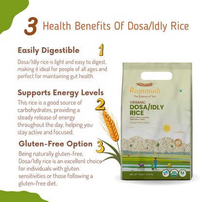 dosa/idly rice, idly rice, dosa rice, rajamudi idli rice, idli rice, buy idli rice in usa, rajamudi dosa rice, organic dosa rice, organic idli rice, rajamudi organic idly rice, unpolished idli rice, health benefits of idly rice
