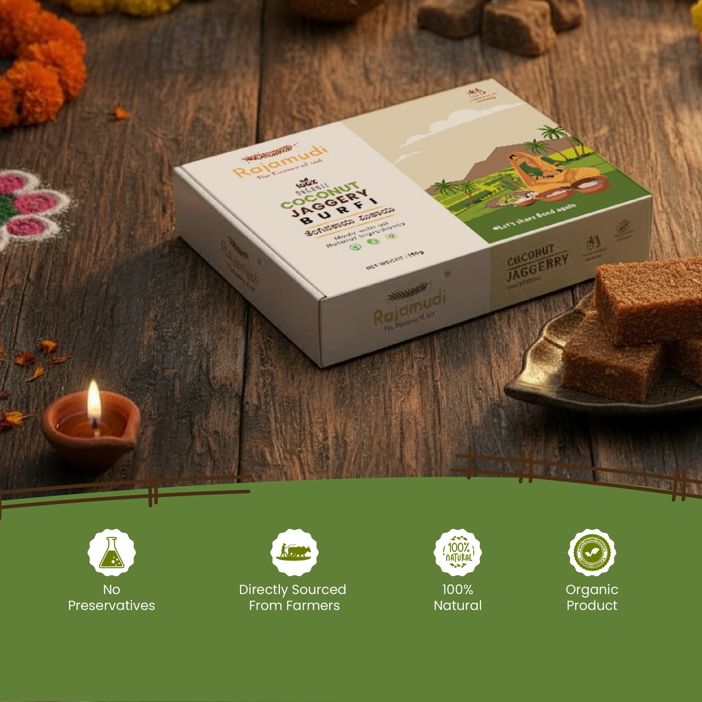 Organic Coconut Jaggery Barfi 150 Grams - The Everyday Dessert