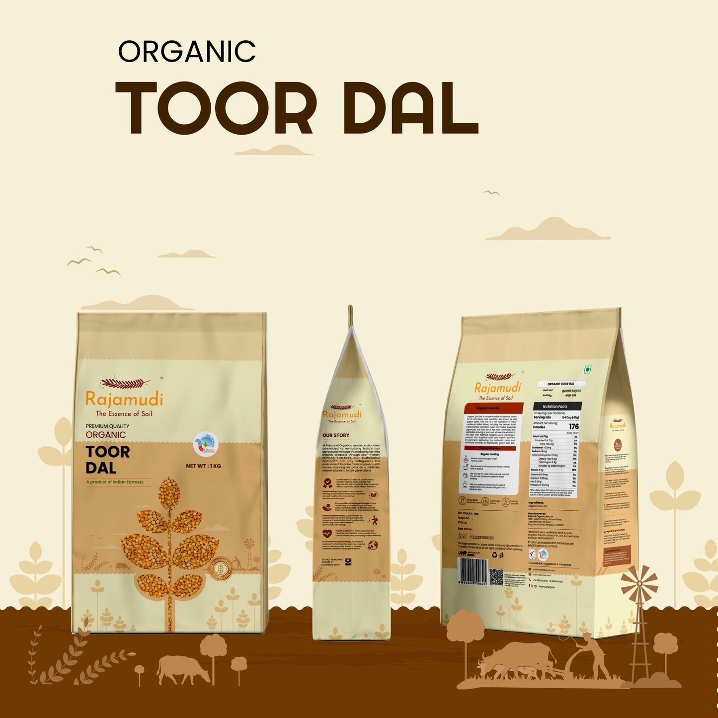 Organic Toor Dal 2kg | Unpolished Arhar Dal | High in Protein & Fiber| Certified Organic - Rajamudi Organics