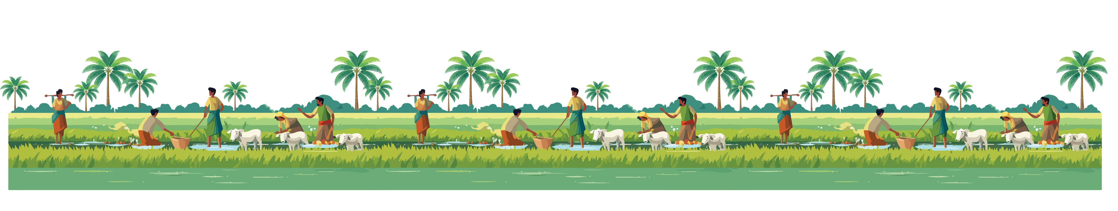 Illustration of people working in a field with palm trees in the background