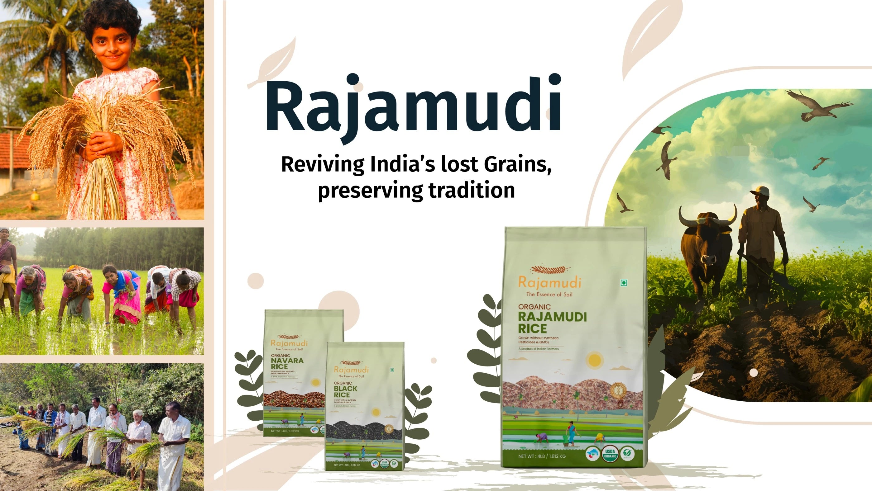 Rajamudi rice packaging with images of people and nature, promoting traditional farming.